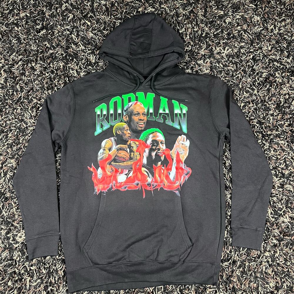 Dennis Rodman Chicago Bulls Graphic Pullover‎ Black Hoodie Men’s Sz M New